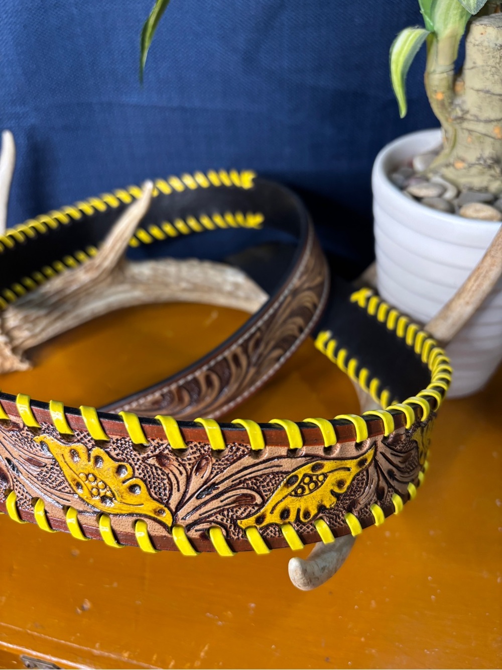 Myra Bag Tooled Leather purse strap.  Western Belt with Yellow Accents